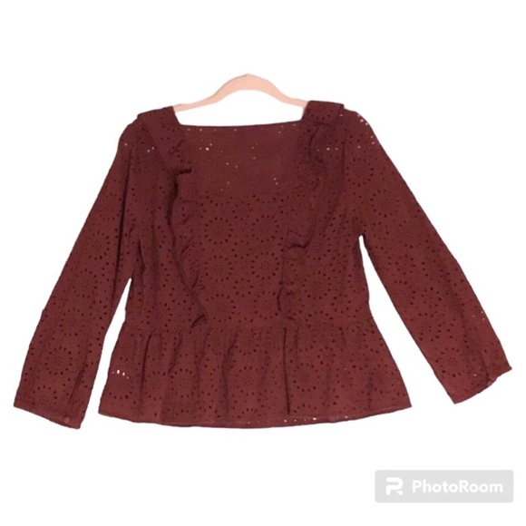 Madewell Burgundy Eyelet Embroidered Square Neckline Balloon Sleeves Blouse Med - Picture 2 of 5